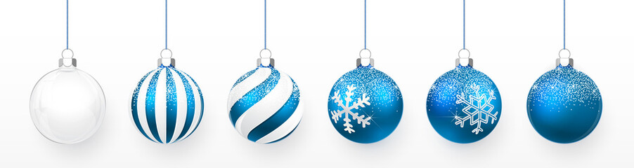 transparent and blue christmas ball with snow effect set. xmas glass ball on white background. holid