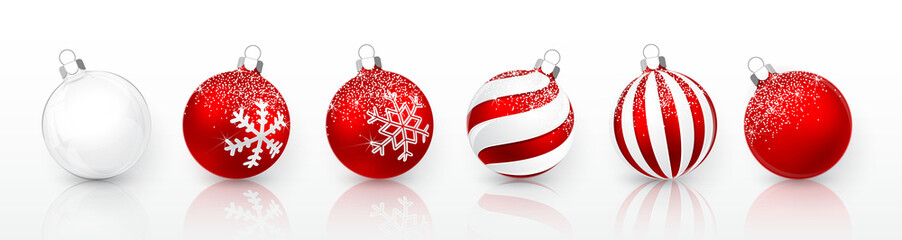 transparent and red christmas ball with snow effect set. xmas glass ball on white background. holida