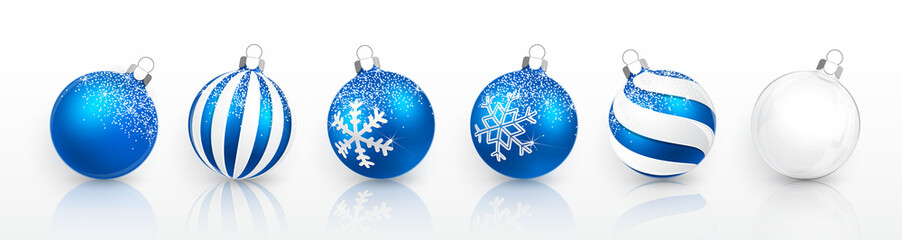 Wall Mural - transparent and blue christmas ball with snow effect set. xmas glass ball on white background. holid