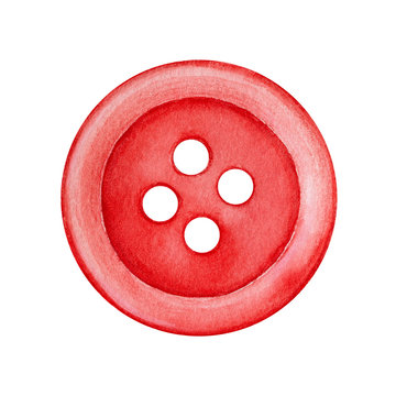 Bright red flat sew-through button with four holes. Classic sewing item, small handiwork detail. One single object, top view. Hand painted water color graphic drawing on white, cutout clipart element.