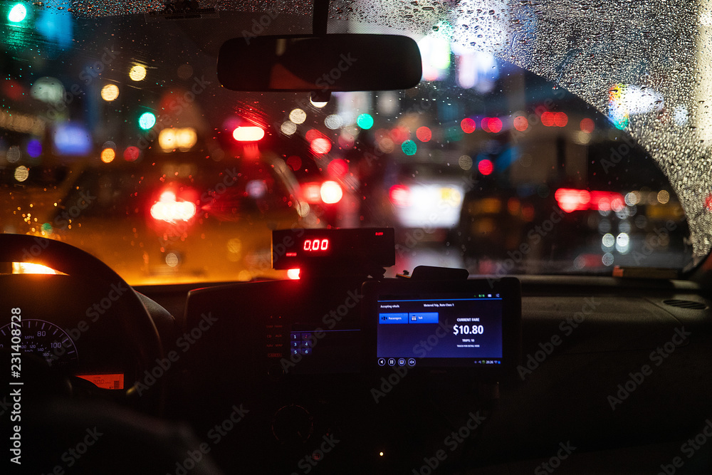 Interior view of taxi cab stuck in New York traffic - obrazy, fototapety, plakaty 