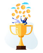 © Irina - Happy smiling successful businessman woman office worker character sitting in golden cup under money rain. Business success concept. Vector flat cartoon isolated graphic design illustration
