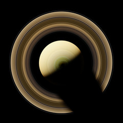 Wall Mural - planet Saturn isolated on black background, top view