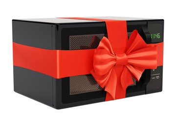 Poster - microwave oven with ribbon and bow, gift concept. 3d rendering