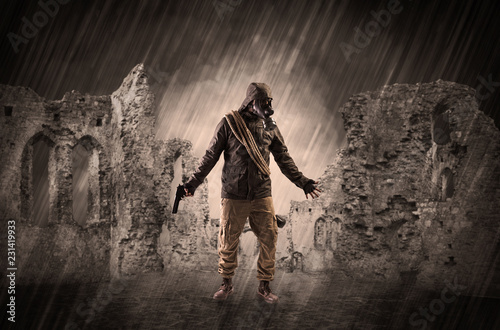Fotomural Hazard, menace man in a ruined crumbly building with arms on his hand