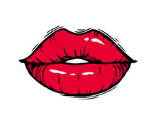 Hand Drawn Female Red Lips Isolated On White Background. 