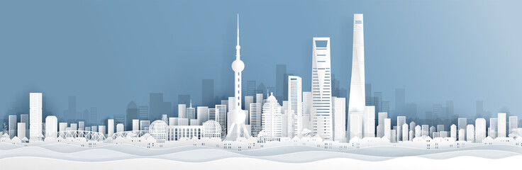 Wall Mural - panorama postcard and travel poster of world famous landmarks of shanghai, china skyline in paper cu