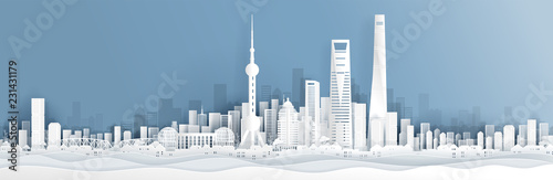 Panorama postcard and travel poster of world famous landmarks of Shanghai, China Wallpaper Mural