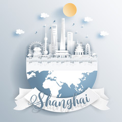 Fototapete - Shanghai, China landmarks on earth in paper cut style vector illustration.