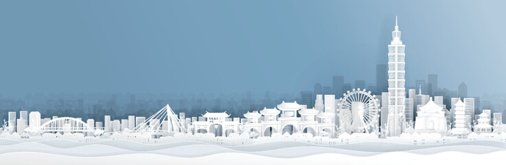 Wall Mural - Panorama view of Taipei skyline with world famous landmarks in paper cut style vector illustration