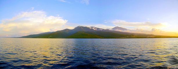 Wall Mural - Superlarge size panorama of Majestic Mount Rinjani, Lombok Indonesia, view from yatch.