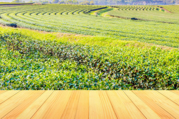 Wall Mural - empty wooden table on tea plantations background, with copy space