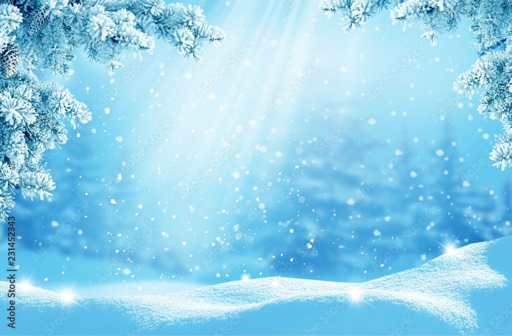 Merry Christmas and happy new year greeting card. Winter landscape with ...