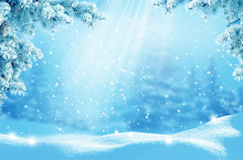 Merry Christmas And Happy New Year Greeting Card. Winter Landscape With Snow .Christmas Background With Fir Tree Branch