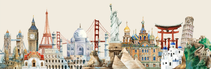 Wall Mural - Collection of architectural landmarks painted by watercolor