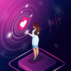 Poster - isometric cardiologist diagnose a disease, prescribed a medicine for treatment, monitors the develop