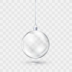 Glass transparent Christmas ball. Xmas glass ball on transparent background. Holiday decoration template. Vector illustration