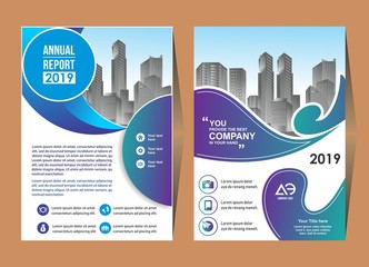 Wall Mural - Abstract a4 brochure cover design. Template for banner text, ad business card, title sheet model set, info flyer font. Patch vector front page art with urban city river bridge. Purple, blue line icon