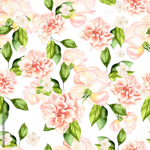 Beautiful watercolor pattern with flowers of roses and peonies.