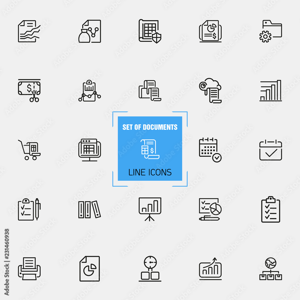Documents icons. Set of line icons. Invoice, diagram, report. Document ...