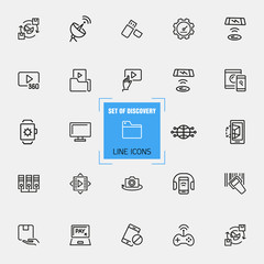 Poster - Discovery icons. Set of line icons. Video content, data exchange, online service. Discovery concept. Vector illustration can be used for topics like digital device, multimedia, apps.