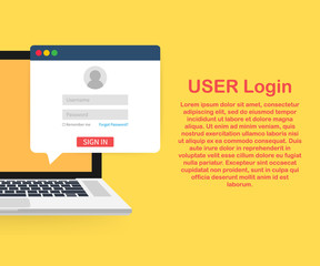 Poster - Sign in to account, user authorization, login authentication page concept. Laptop with login and password form page on screen.