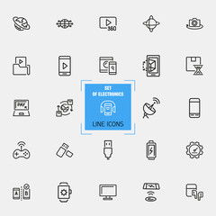 Poster - Electronics icons. Set of line icons. Mobile phone, data storage, satellite. Modern technology concept. Vector illustration can be used for topics like mobile service, apps, digital devices.