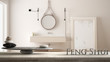 Wooden vintage table shelf with stone balance and 3d letters making the word feng shui over blurred classic luxury bathroom close-up, zen concept interior design