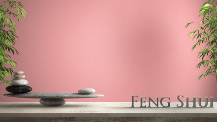 Empty interior design concept zen idea, wooden vintage table or shelf with marble stone balance and 3d letters making the word feng shui over pink background copy space