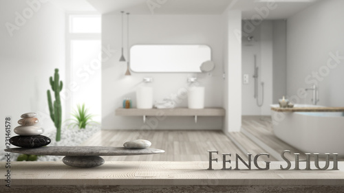 Fotomural Wooden vintage table shelf with stone balance and 3d letters making the word fen
