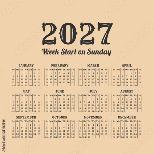 Fotografia 2027 year vintage calendar. Weeks start on sunday