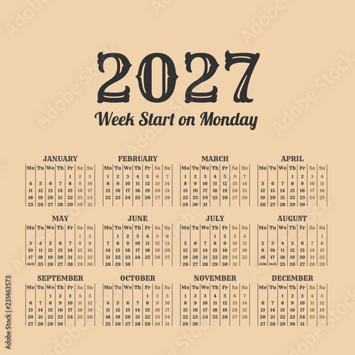 Fotografia 2027 year vintage calendar. Weeks start on monday