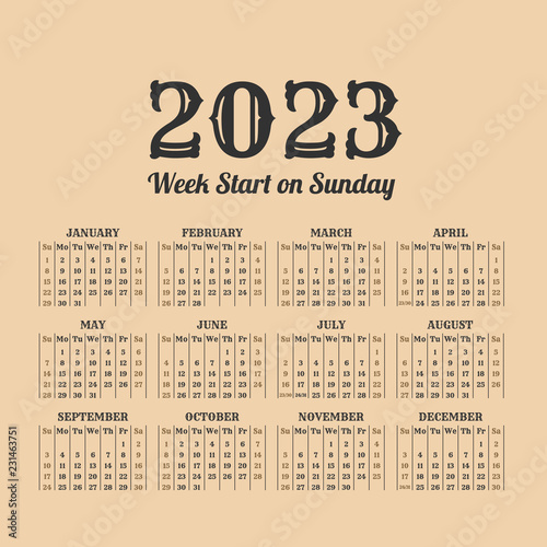 Fotografia 2023 year vintage calendar. Weeks start on sunday
