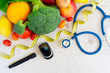© neirfy - raw vegetables with blood glucose meter, lancet and stethoscope, , diabetes healthy diet concept