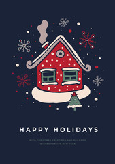 Wall Mural - template greeting card with a snow-covered house and christmas tree on a dark background. decorative