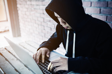 Poster - Computer Hacker Trying to Accessing Privacy Financial Information on His Laptop, Cyber Anonymous Man Hacking Finance Data in Security System of Corporate. Digital Criminality and Social Issue