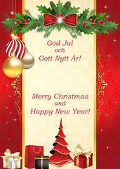 Wall Mural - Red greeting card with the message (Merry Christmas and Happy New Year) written in English and Danish