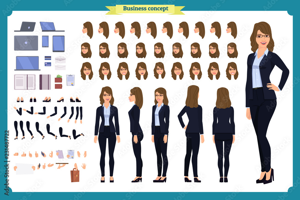 Set of Businesswoman character design.Front, side, back view animated ...