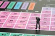 businessman in miniatura guarda la tavola periodica degli elementi chimici