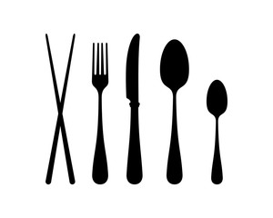 Wall Mural - Silhouette Vector Spoon, Fork, Knife, and Chopsticks Cutlery on the Restaurant Sign Symbol Icon Logo Template Design Inspiration