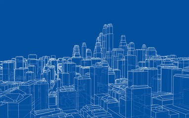 Poster - wire-frame city, blueprint style. vector