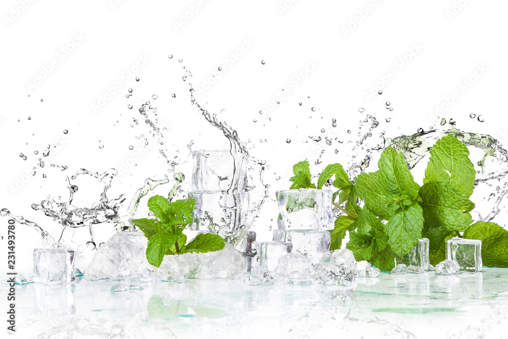 ice cubes and splashing water with mint on a white background - obrazy, fototapety, plakaty 