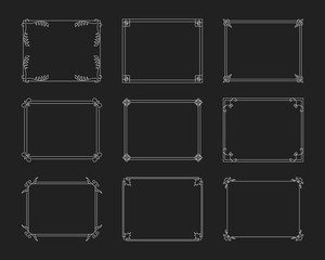 Vintage borders set. Rectangular hand drawn swirl frames on black background. Vector isolated flourish design elements. 