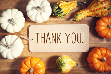 Wall Mural - thank you message with collection of pumpkins on a wooden table