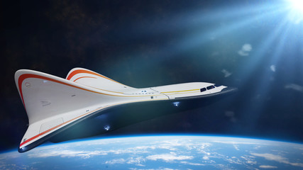 Wall Mural - spaceship in orbit of planet earth, shuttle in orbit of the blue planet