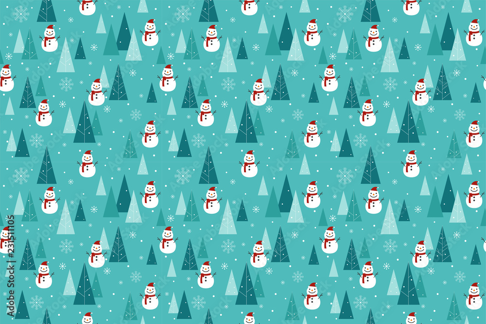 Merry Christmas pattern seamless. Snowman and tree wallpaper. Blue Xmas ...