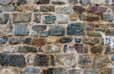 Texture of old stone wall. Clearly visible cobblestones.