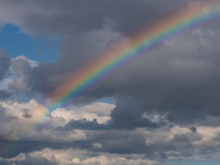 colourful rainbow over a cloudy blue sky background.