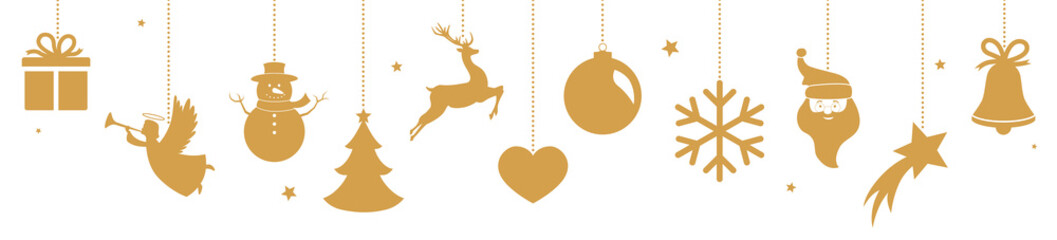 Wall Mural - Christmas banner with hanging golden decorations