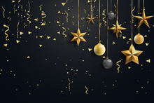 Happy New Year And Merry Christmas. Christmas Black Background Decorated With Gold Sparkles And Stars. Vector Illustration.